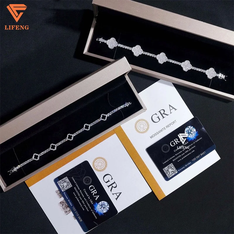 Hip Hop Iced Out Diamond Clover Bracelet 4mm Wide 925 Silver VVS1 Moissanite Tennis Bracelet With GRA Certificate