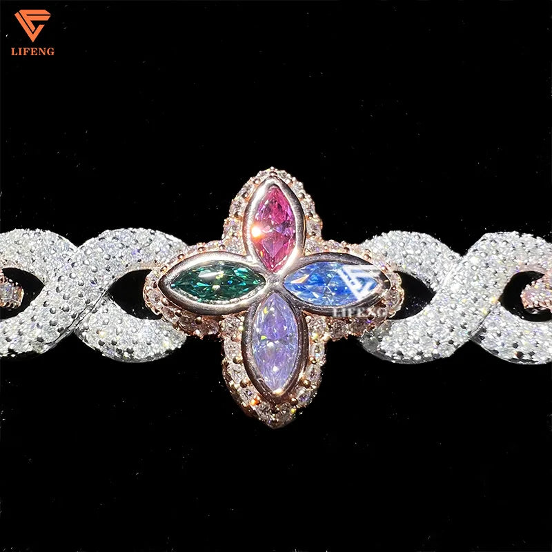 Lifeng Custom Colored Flower Cuban Bracelet 925 Sterling Silver Fine Jewelry for Women VVS Moissanite Diamond Infinity Bracelet