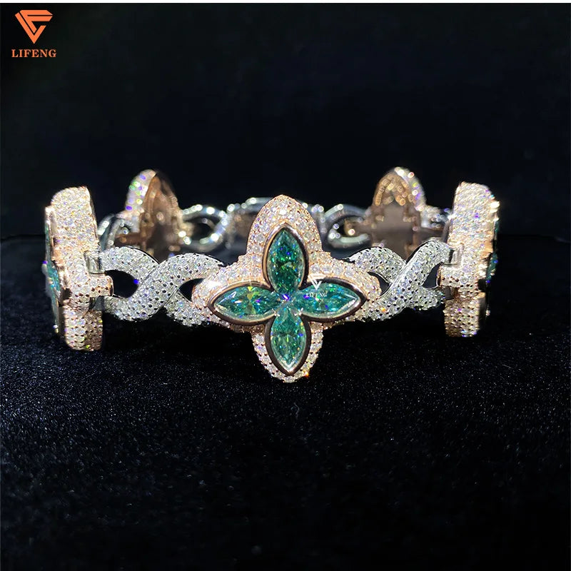 Lifeng Custom Colored Flower Cuban Bracelet 925 Sterling Silver Fine Jewelry for Women VVS Moissanite Diamond Infinity Bracelet