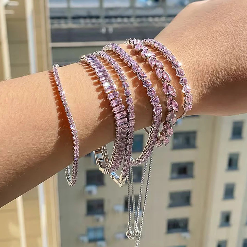 Uilz Exquisite Shiny Pink Black Zircon Decor Bracelets For Women Men Hip Hop Tennis Chain Fashion Party Jewelry Wholesale