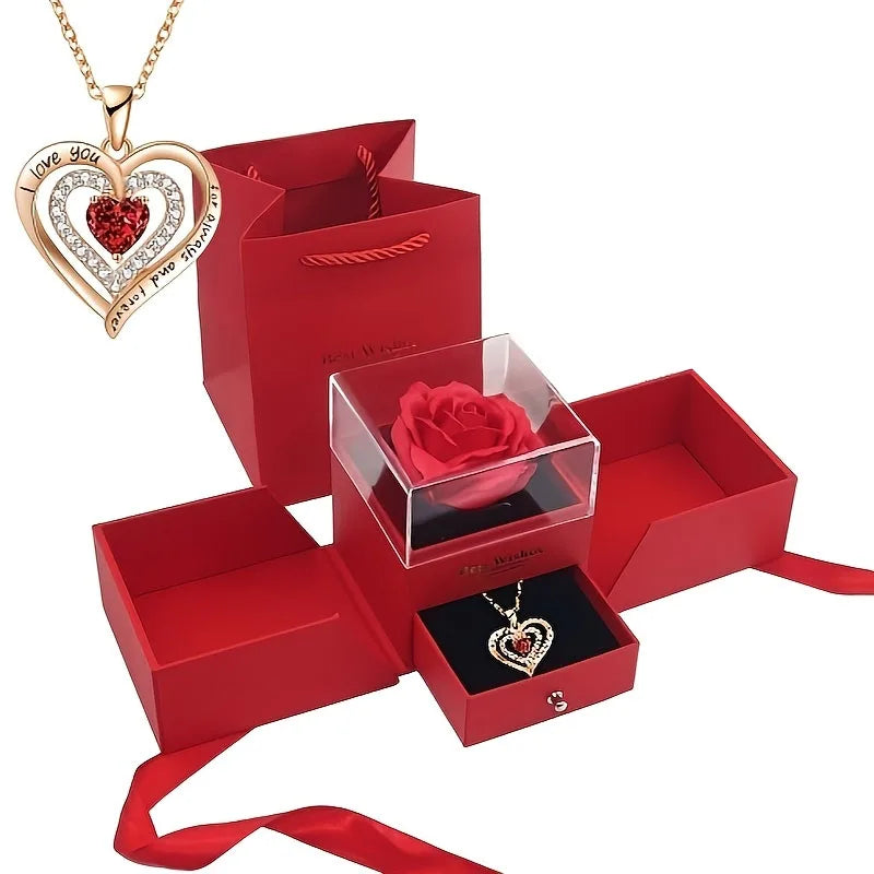 Rose gift box with Red Heart Necklace, Mother's Day Present, Christmas，Valentine's Date Souvenir, Anniversary Keepsake