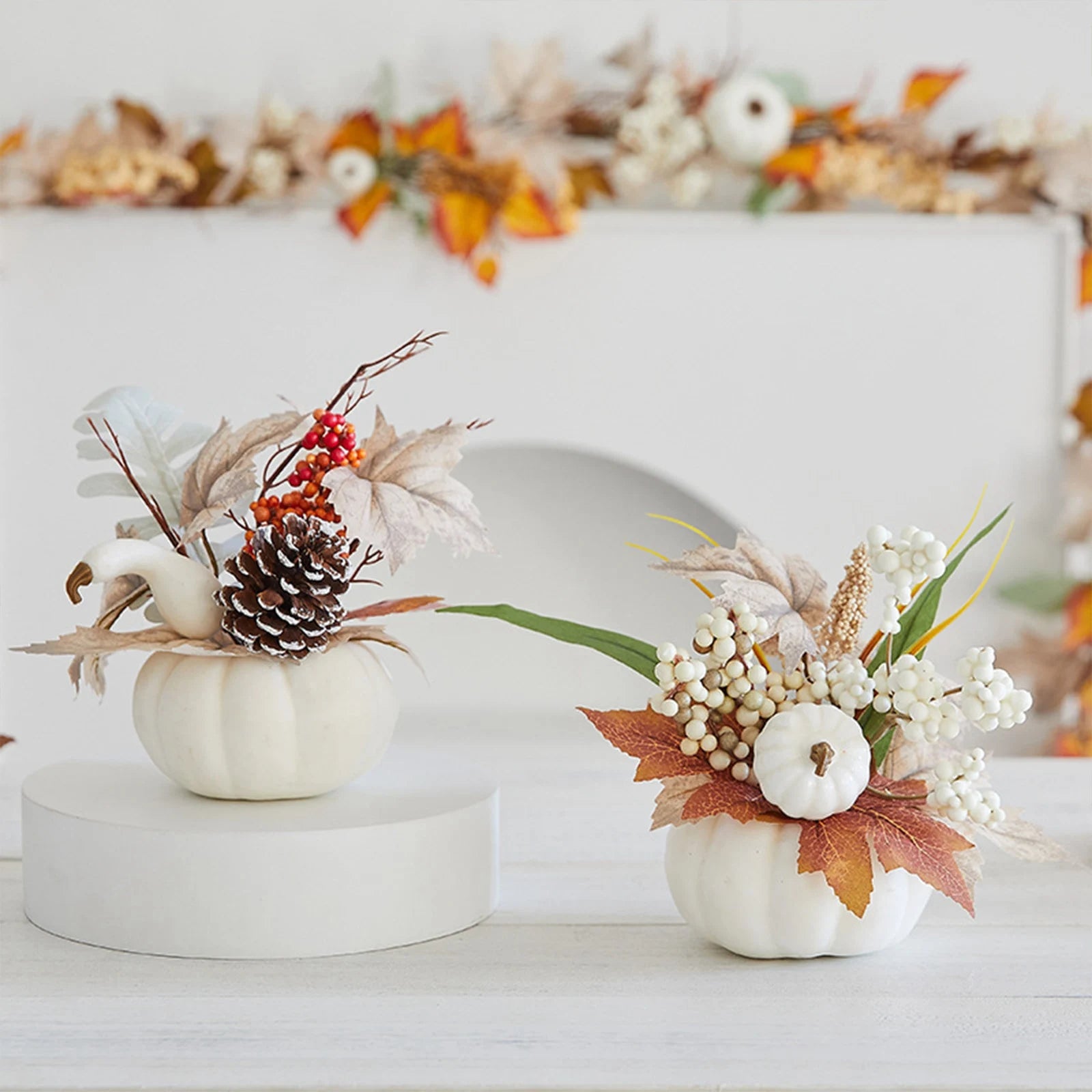 Autumn Table Centerpiece – Artificial Pumpkins & Maple Berries”