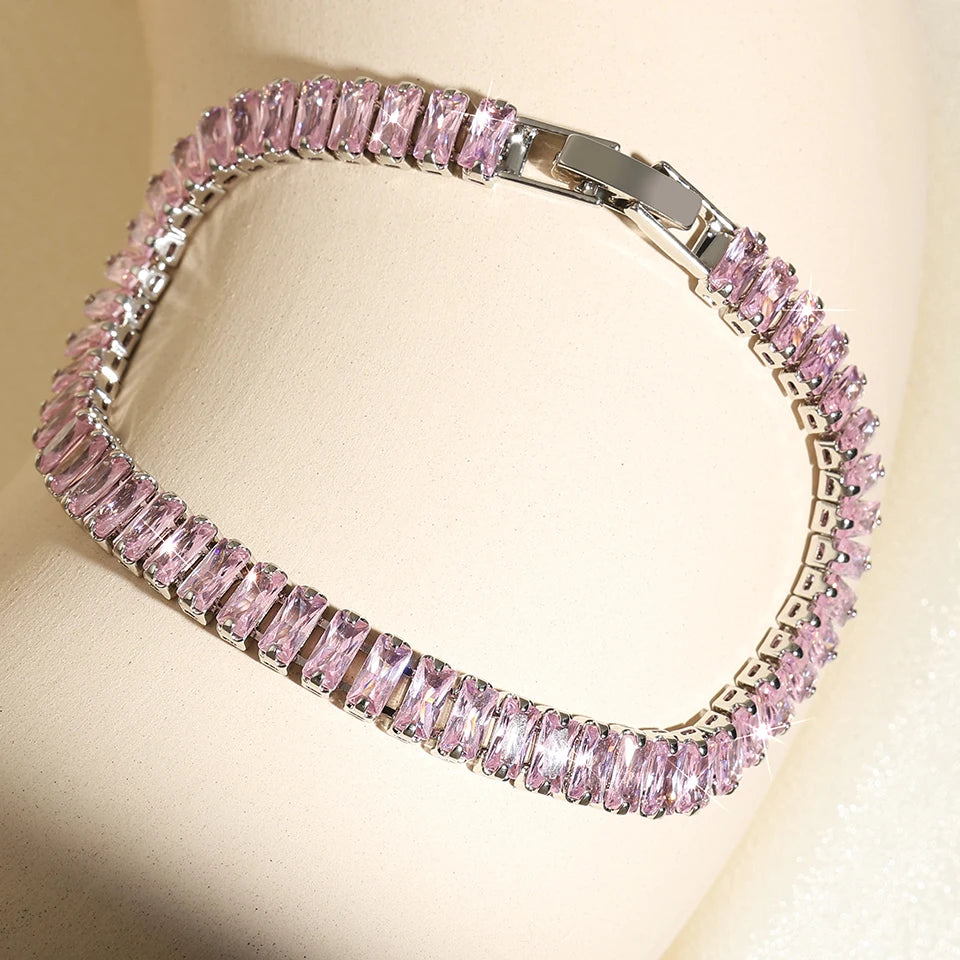 Uilz Exquisite Shiny Pink Black Zircon Decor Bracelets For Women Men Hip Hop Tennis Chain Fashion Party Jewelry Wholesale