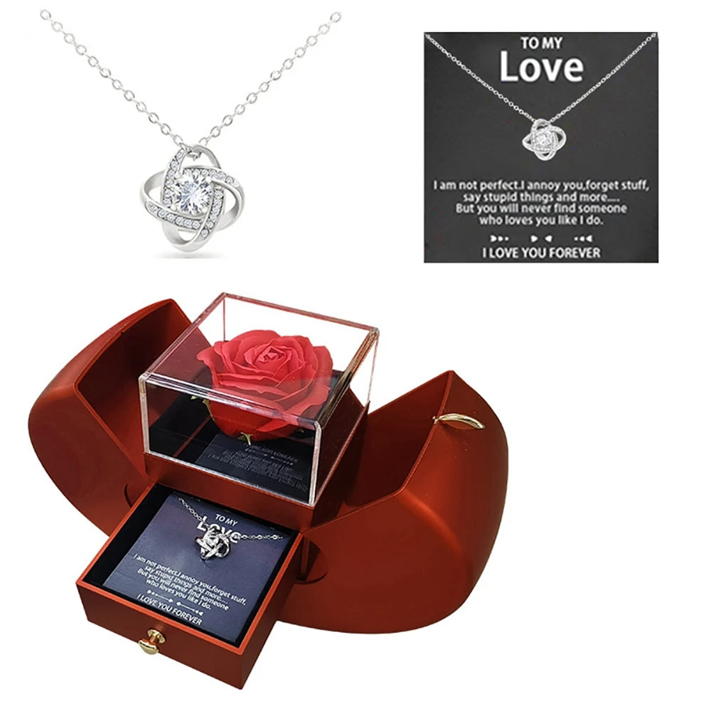 Anniversary Birthday Valentines Day Gifts Jewerlry Box Real Eternal Rose Flower With Necklace For Girlfriend Mom Wife Wedding
