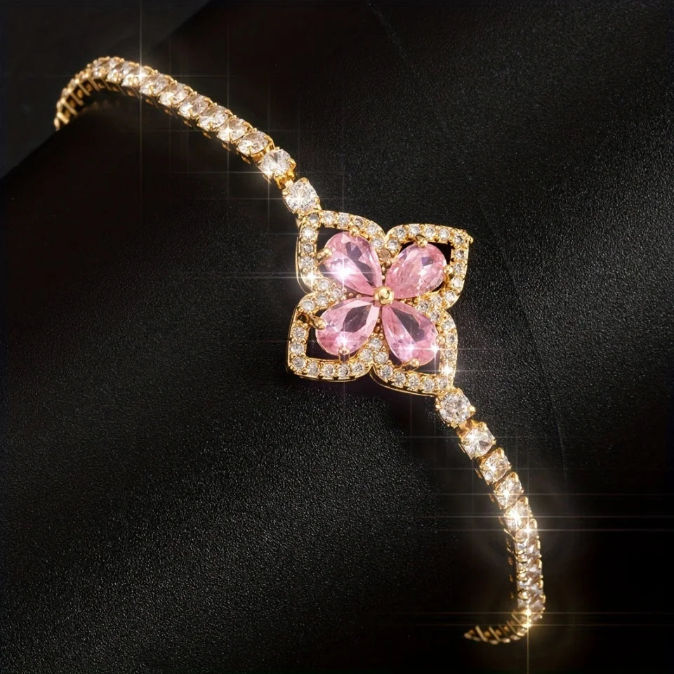 Luxury Shiny AAA Zircon Four-leaf Flower Charm Bracelet For Women Ladies Exquisite Colorful CZ Bracelet Jewelry Gift